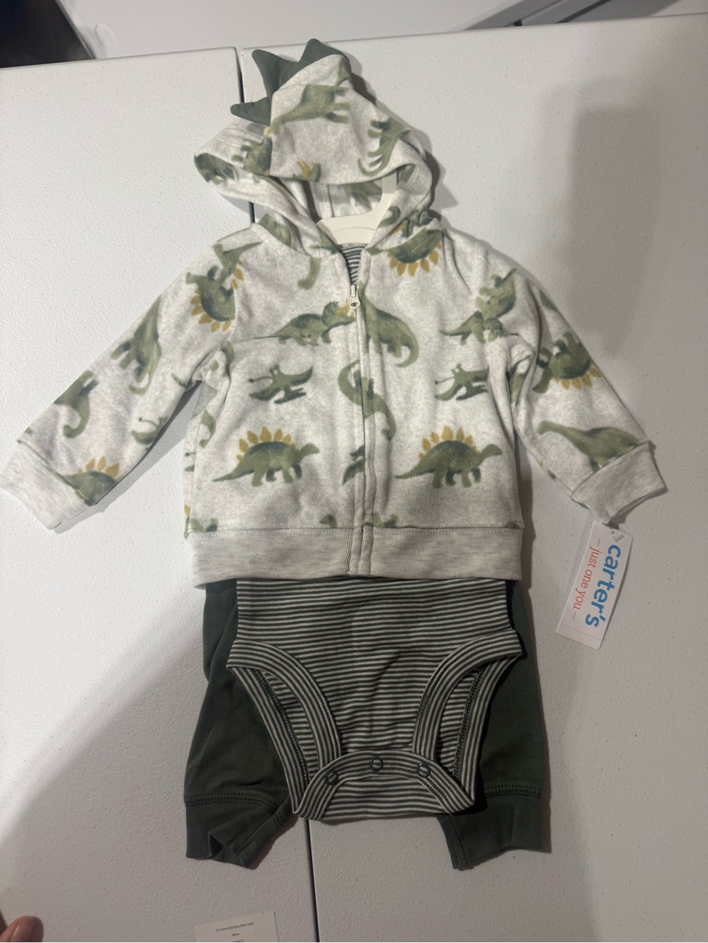 Carter's Green Dinosaur Hoodie and Stripe Bodysuit Set
